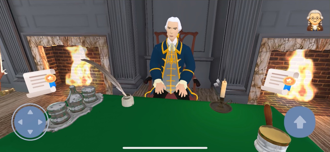 A child meeting Benjamin Franklin inside Independence Hall in the 1776 app