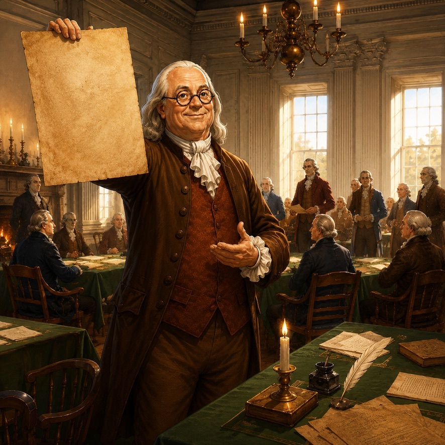 Benjamin Franklin holding the Declaration of Independence