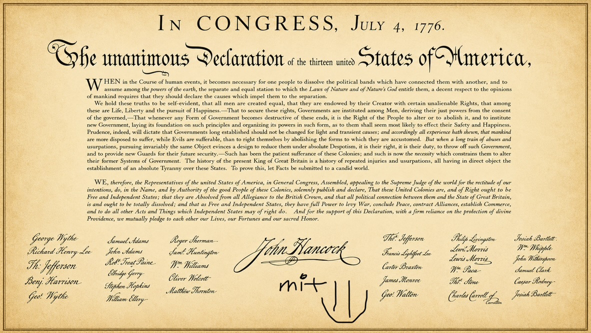A child's handwritten signature on the Declaration of Independence in the 1776 app