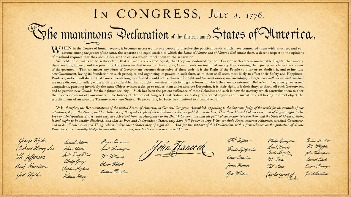The Declaration of Independence signing screen in the 1776 app
