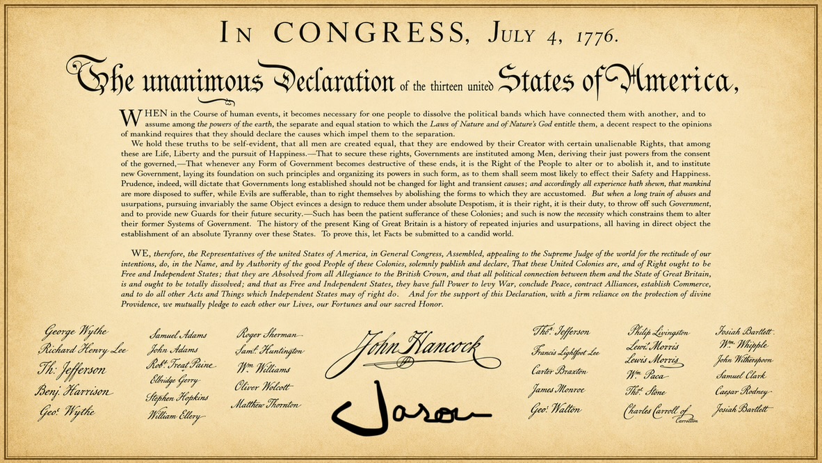 A child named Jara signs the Declaration of Independence in the 1776 app