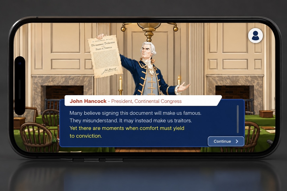 A phone showing John Hancock speaking to the player in the 1776 app