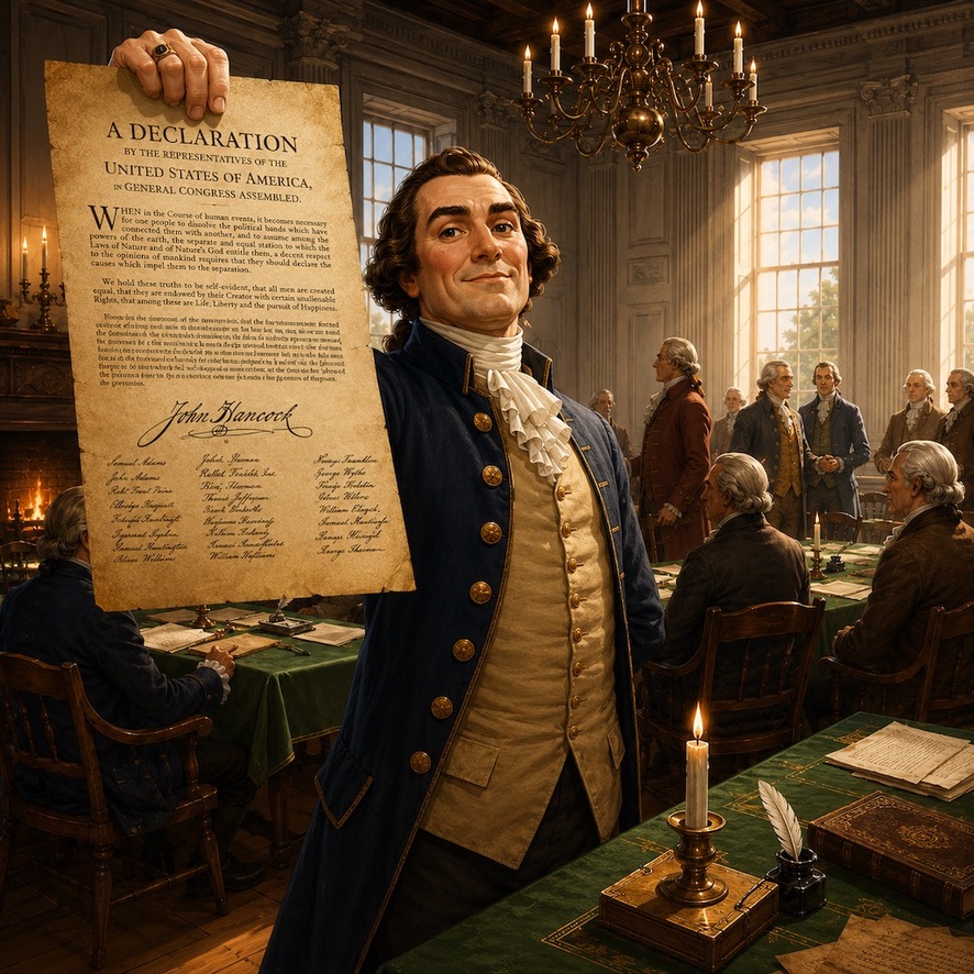 A delegate holding the Declaration of Independence in Independence Hall