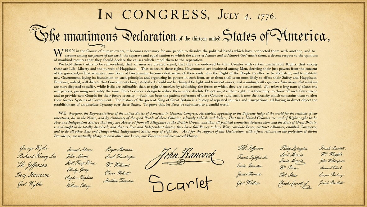 A child named Scarlet signs the Declaration of Independence in the 1776 app