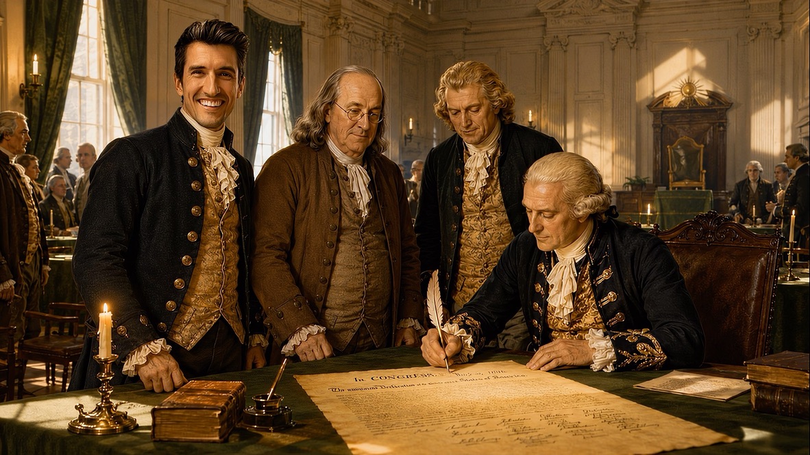The founders gathered around a table signing the Declaration of Independence